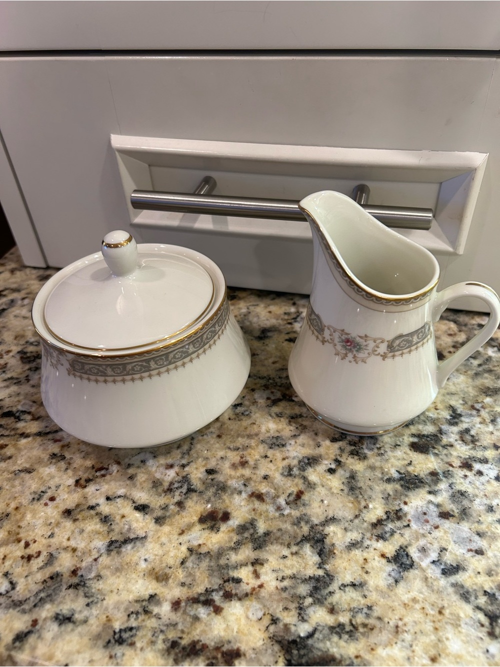 Mikasa Richelieu Creamer & Sugar Bowl with Gold Trim and Pink Rose Accent
